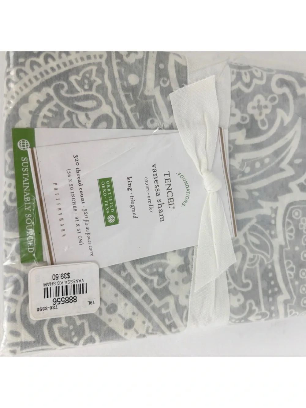 Pottery Barn Vanessa Tencel Sham King Gray White Paisley